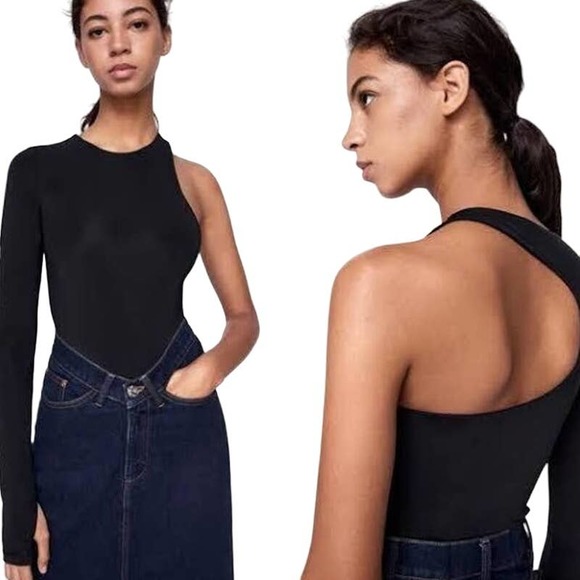 Zara Tops - NWOT Zara One Shoulder Open Back Stretch Asymmetric Bodysuit Black Women Size M